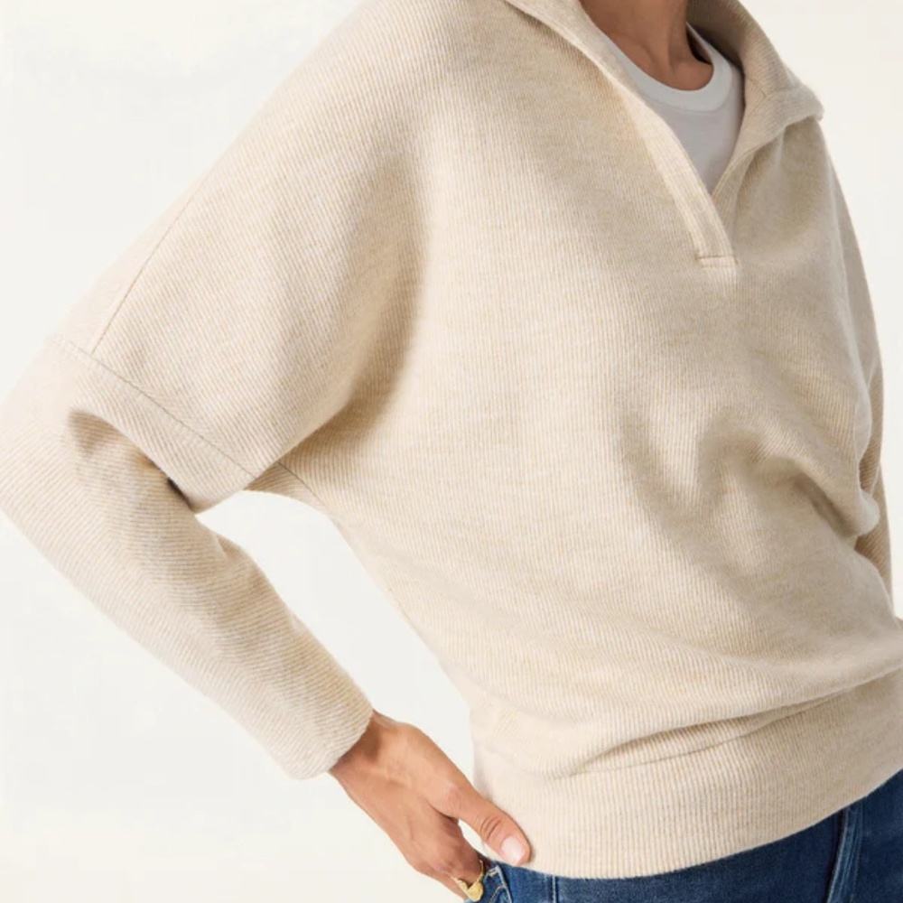 NWT!! $69 OGL Cozy Collared V-Neck Batwing Sleeve Pullover in Heather Taupe S - Picture 6 of 14